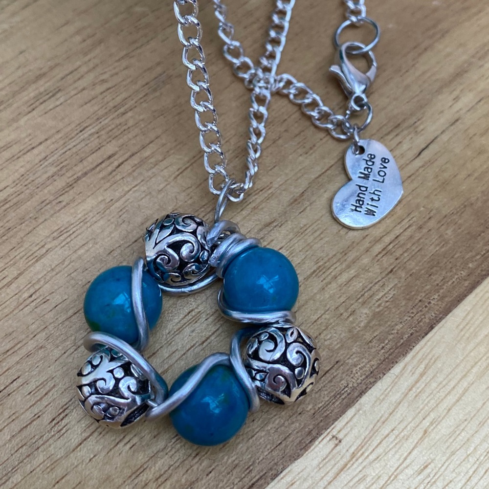 New Handcrafted Artisan Wire Wrapped Chrysocolla Stone & Filigree Bead Necklace